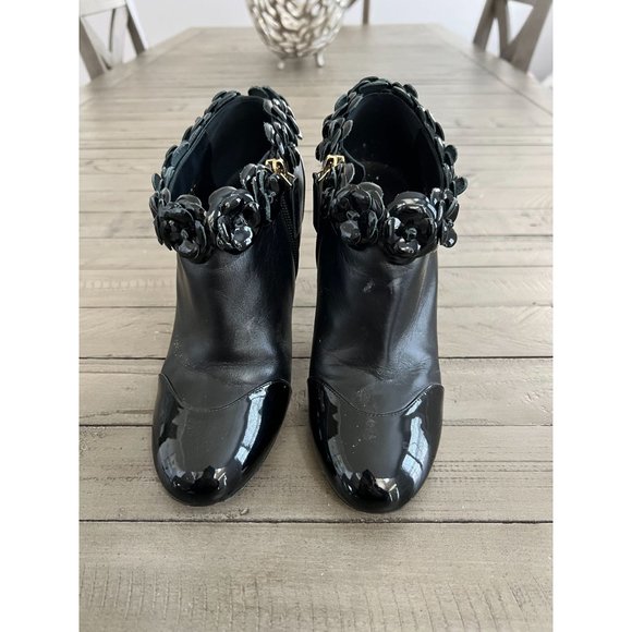 CHANEL Camellia Flowers Patent Leather Heeled Ankle Booties Black Size 38C - Picture 4 of 13